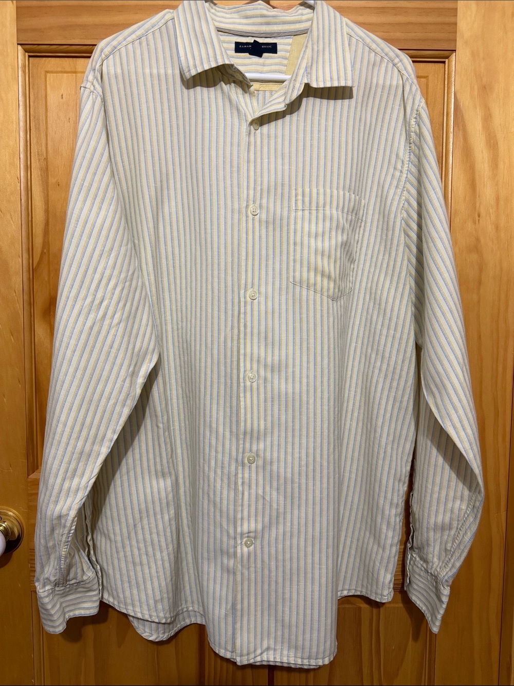 Banana Republic Mens Long-Sleeve Striped Button-Down, Light Blue, Yellow & Cream